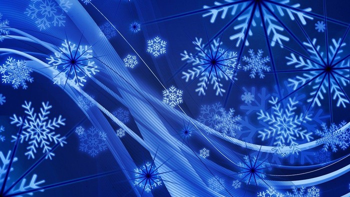 Blue abstract background with swirling patterns and snowflakes.