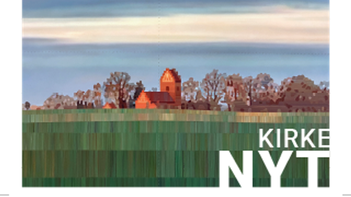 Plakat til en kunstudstilling af Kirke NYT, der viser et roligt landskab med en rød struktur og dansk tekst.