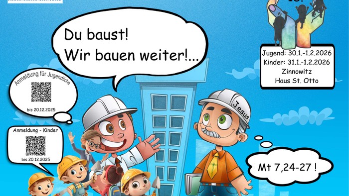 Zeichentrick-Kinder und -Erwachsene auf einer Baustelle, mit deutschem Text.