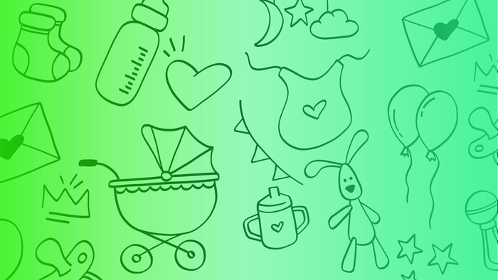 Illustrationer af babyartikler, herunder en barnevogn, sutteflaske, body og legetøj på en grøn gradientbaggrund.