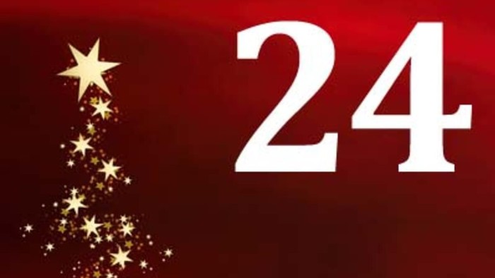 Das Bild zeigt eine Weihnachtsdekoration mit der Zahl 24 und goldenen Sternen.