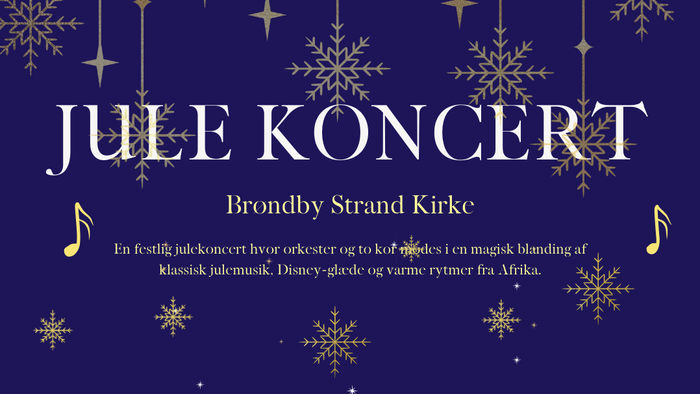 Plakat til en julekoncert med et kirkeorkester, der viser billeder af orkesteret og optrædende, med detaljer om arrangementet.