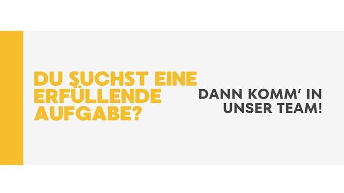 Das Bild zeigt eine gelb-weiße Grafik mit deutschem Text, der fragt, ob jemand in einem Team fehlt.