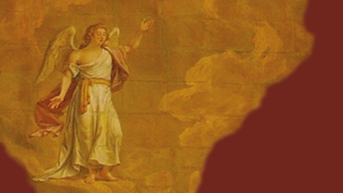 Malerei mit Engel vor orangenem Hintergrund