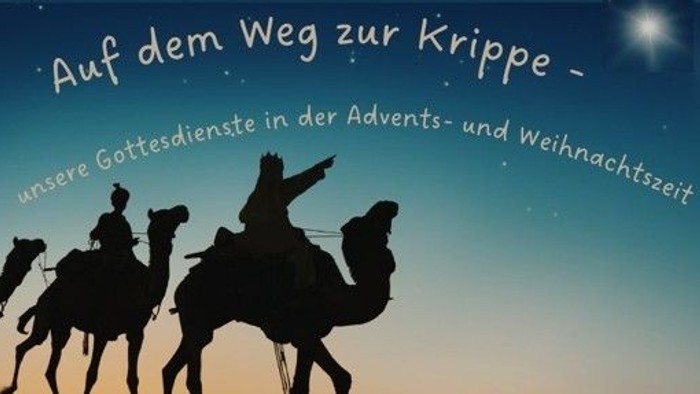 Schattenriss der heiligen drei Könige vor einem nächtlichen Himmel. 