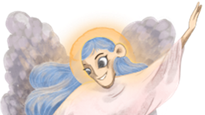 En engel med blåt hår og vinger, iført en hvid kåbe, smilende og holdende en stav.