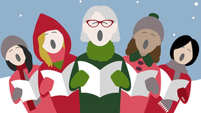 Five people singing carols in winter clothing