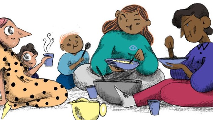 Fire personer, herunder et barn, sidder sammen, hver optaget af deres egne elektroniske enheder.