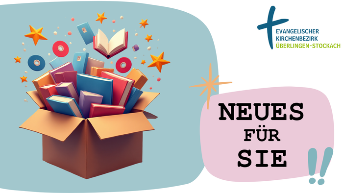 Ein bunter Karton mit Büchern und Sternen, daneben ein pinkes Banner mit