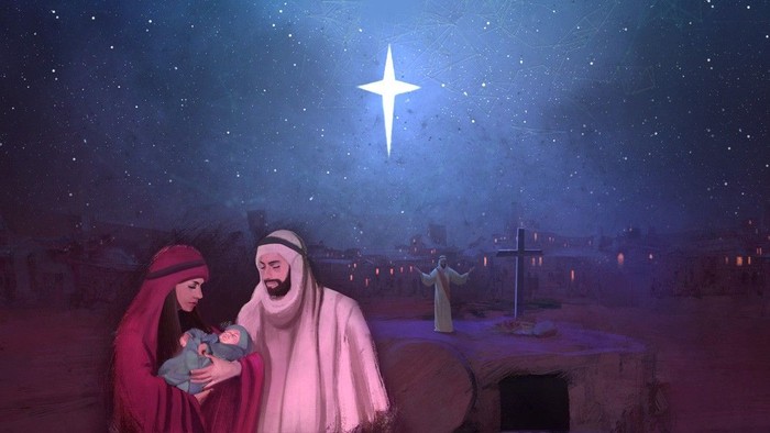 Maria og Josef med baby Jesus under en klar stjerne i et ørkenlandskab.