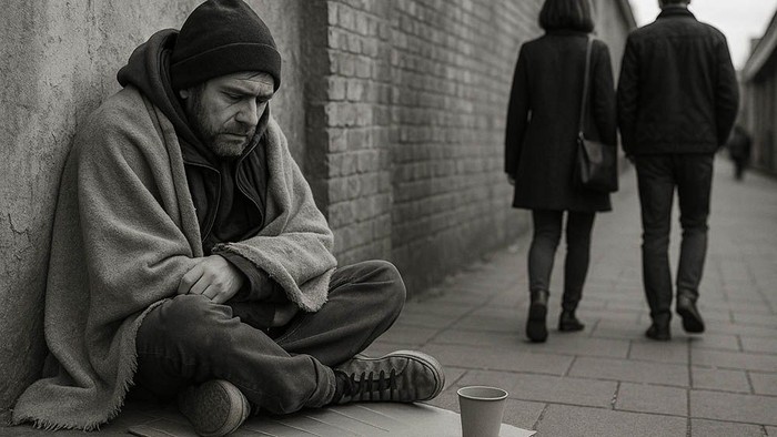Ein Mann lehnt an einer Wand, hält eine Tasse, während zwei Personen vorbeigehen.