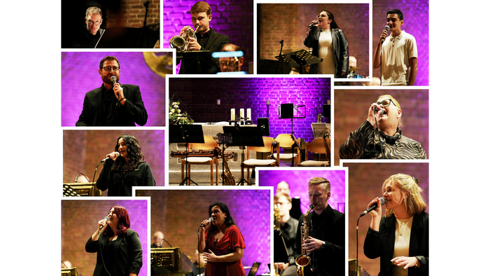 Collage verschiedener Musiker, die auf der Bühne mit Instrumenten und Mikrofonen auftreten