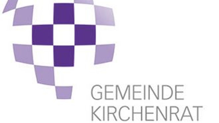 Das Bild zeigt ein Logo mit einem stilisierten lila-weißen Karomuster und der Aufschrift *„GEMEINDE KIRCHENRAT“*.