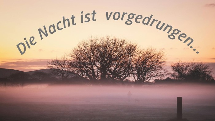 Morgenstimmung mit Morgennebel auf einem Feld, in der Mitte ein kahler Baum, darüber der Schriftzug: Die Nacht ist vorgedrungen...