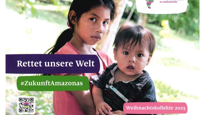 Eine Frau, die ein Baby hält, mit dem Text *„Rettet unsere Welt“* und *„#ZukunftAmazonas“*.