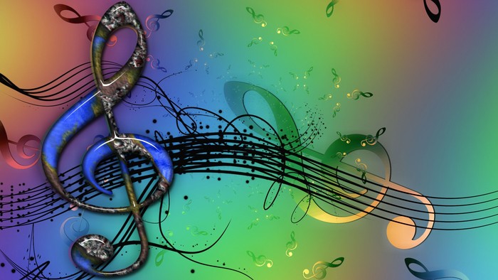 Bunte Musiknoten und Schwünge auf farbigem Hintergrund