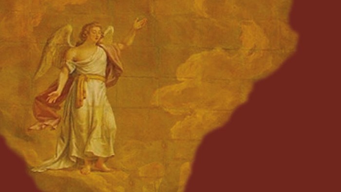 Malerei mit Engel vor orangenem Hintergrund