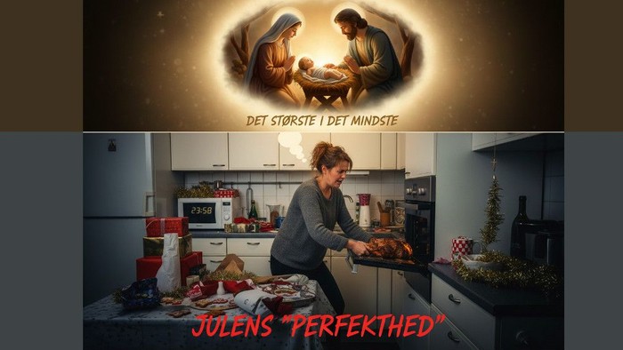 En kvinde tilbereder mad i et køkken med en krybbescene ovenpå, med teksten *