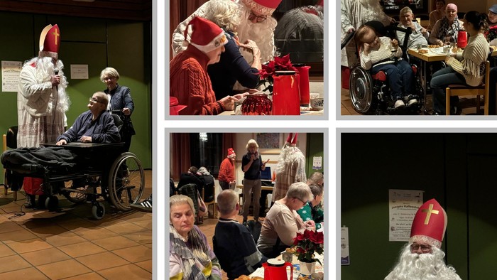 Eine Collage mit weihnachtlichen Fotos, die den Weihnachtsmann zeigen, wie er mit Kindern und Erwachsenen – einige davon im Rollstuhl – in festlich geschmückten Umgebungen interagiert.