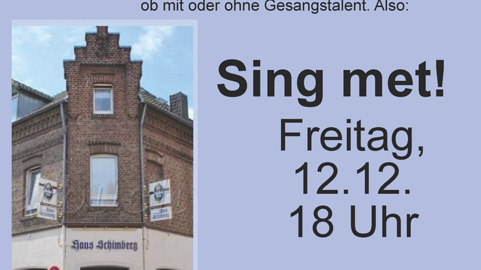 Plakat für eine Gemeinschaftssingveranstaltung am 12. Dezember im Haus Schimberg, Lovenich, organisiert von Pfarrerin Judith Schaefer und Team.