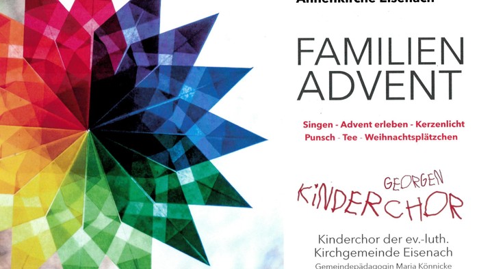 Ein Plakat mit der einem bunten Stern und der Ankündigung des Familienadvents in der Annenkirche am 13.12.25 um 16 Uhr