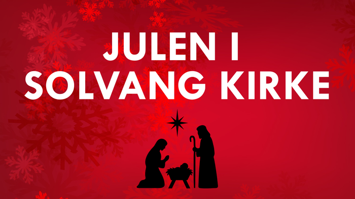 Billedet viser en festlig rød baggrund med hvide snefnug, der fremviser en julekrybbescene og teksten *