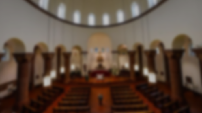 Großer Raum mit Kuppeldecke und Reihen von Stühlen.