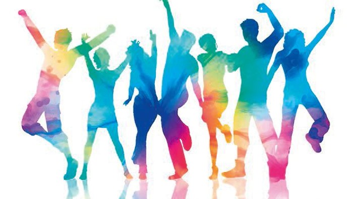 Silhouetten von Menschen, die in lebendigen Farben tanzen.