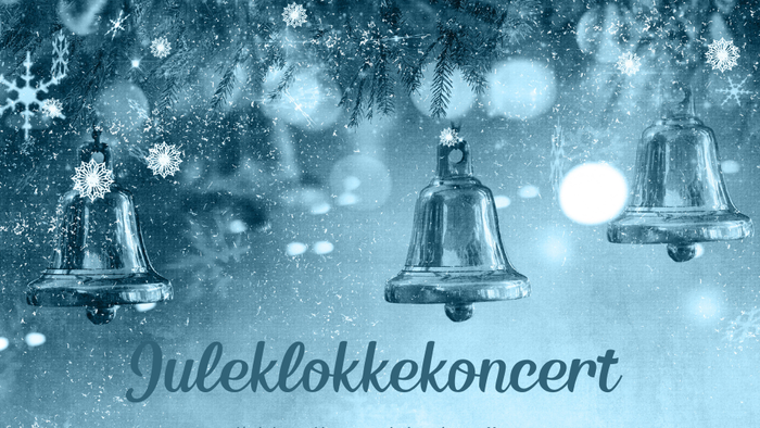 Tre klokker hængende med snefnug og tekst i blå og hvide toner