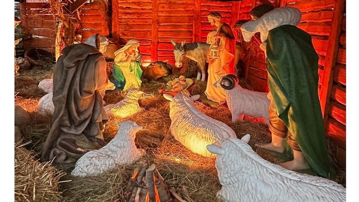 Plakat für eine Veranstaltung mit lebendiger Krippe vom 25. Dezember 2025 bis 25. Januar 2026, mit einer Krippe und Figuren.