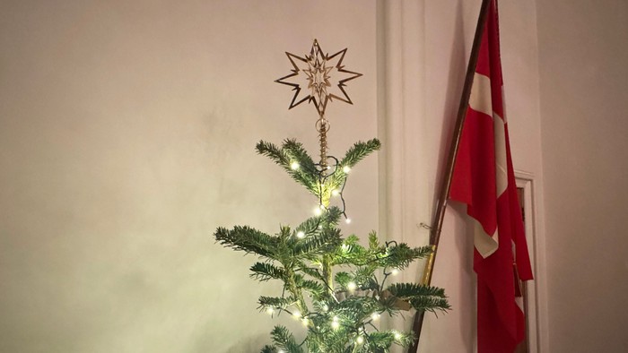 Juletræ med lys og stjernetop, canadisk flag i nærheden