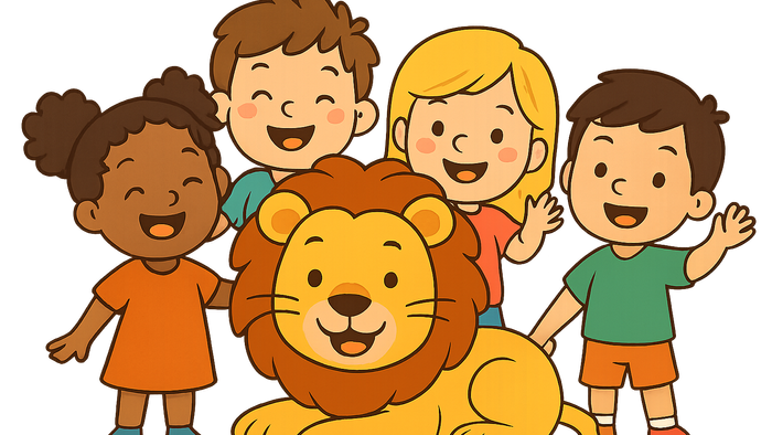 Kinder posieren fröhlich mit einem Löwen.