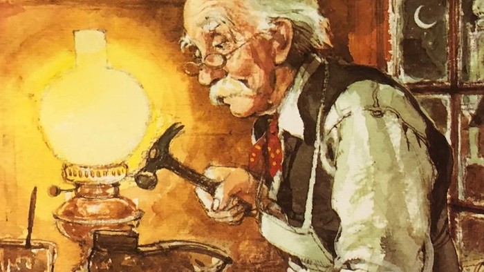 Das Bild zeigt einen älteren Mann, der an einer Werkbank mit Werkzeugen unter einer Lampe arbeitet. Der Titel lautet *„Ein großer Tag für Vater Martin“* von Leo Tolstoi.