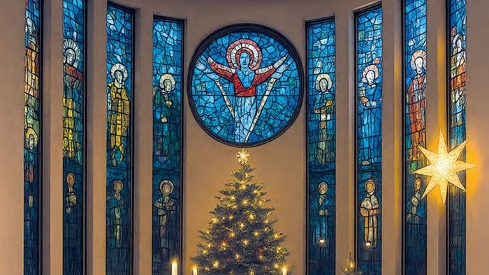 Eine durch KI erstelltes Bild, das die Buntglasfenster der Aufershteungskirche mit denen der Kirche