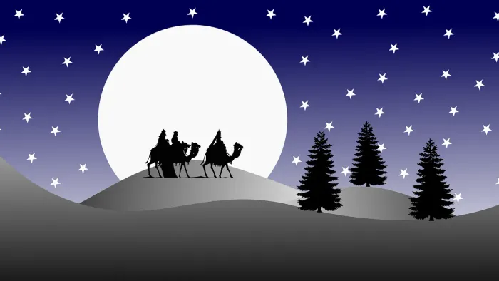 Silhuet af De Tre Vise Mænd ridende på kameler med en stjernehimmel og fuldmåne som baggrund
