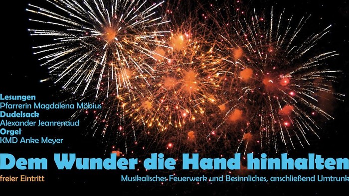 Plakat für eine Musikveranstaltung am 31. Dezember mit Feuerwerk und Künstlern.