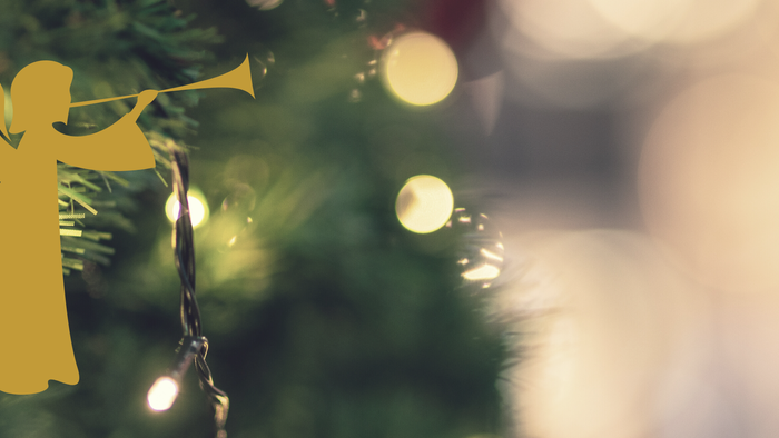 Ein goldener Engel schmückt einen Weihnachtsbaum mit Lichtern