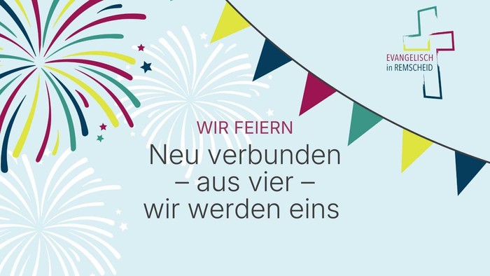 „Feier des Zusammenschlusses von vier Einheiten zu einer, mit festlichen Feuerwerksgrafiken und deutschem Text.“