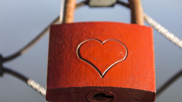 Rød hængelås med hjerteform fastgjort til et trådhegn.