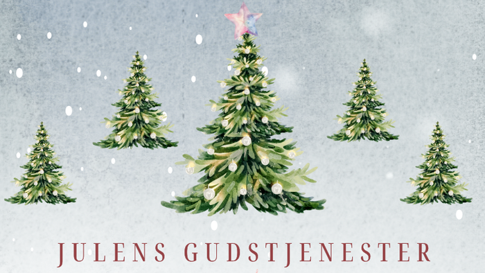 Julegudstjenesteprogram med datoer, tidspunkter og detaljer for festlige arrangementer og prædikener.