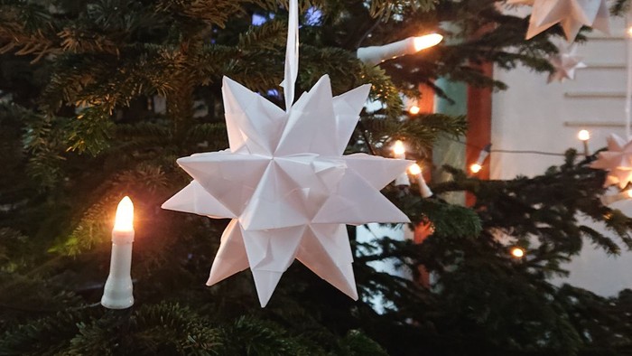 Weiße Sterne und weiße LED-Lichter schmücken einen großen Tannenbaum (ein Ausschnitt ist zu sehen).