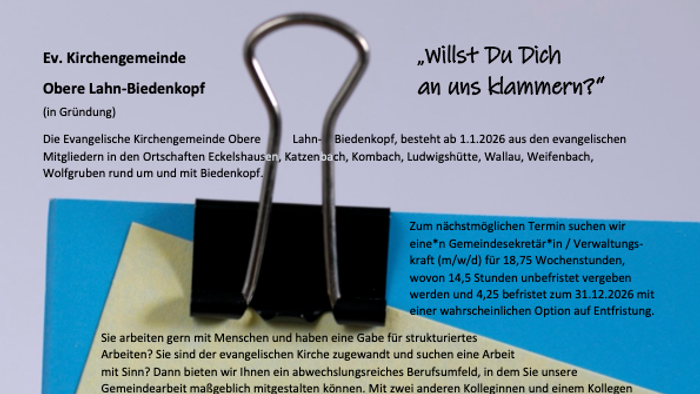 Evangelische Kirchengemeinde im Oberen Lahntal-Biedenkopf sucht strukturierte ehrenamtliche Arbeit und administrative Unterstützung.