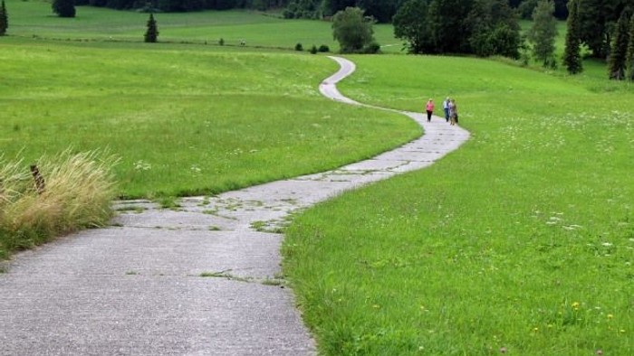 Ein gewundener Pfad führt durch eine grüne Wiese, auf der Menschen spazieren gehen.