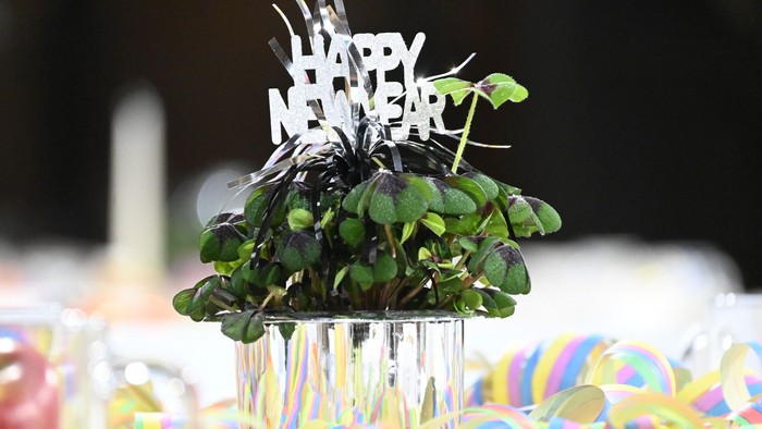 Blumentopf mit Glücksklee und einem Schild