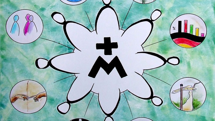 Das Bild zeigt verschiedene Symbole und Grafiken rund um ein zentrales Logo, das mit 