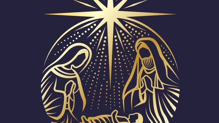 Golden nativity scene with baby Jesus, Mary, and Joseph under a radiant star on dark background