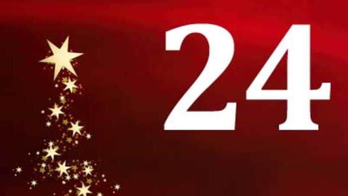 Das Bild zeigt eine Weihnachtsdekoration mit der Zahl 24 und goldenen Sternen.