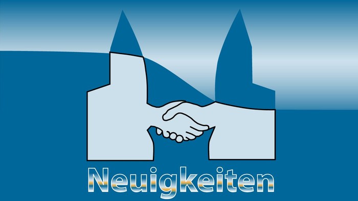 Zwei Hände reichen sich über ein weißes Gebäude mit zwei Türmen, vor blauem Hintergrund, mit dem Wort 