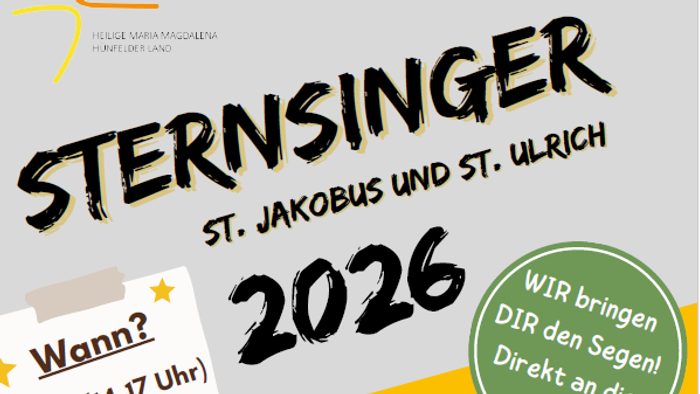Plakat für die Sternsinger-Spendenaktion 2026 der Pfarreien St. Jakobus und St. Ulrich mit Anmeldeinformationen und Terminen.
