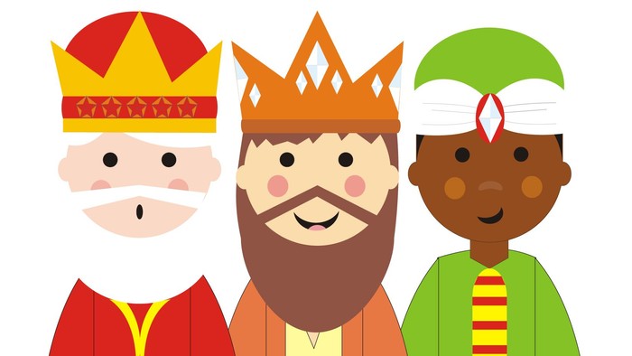 Tre konger med kroner og farverige klæder.
